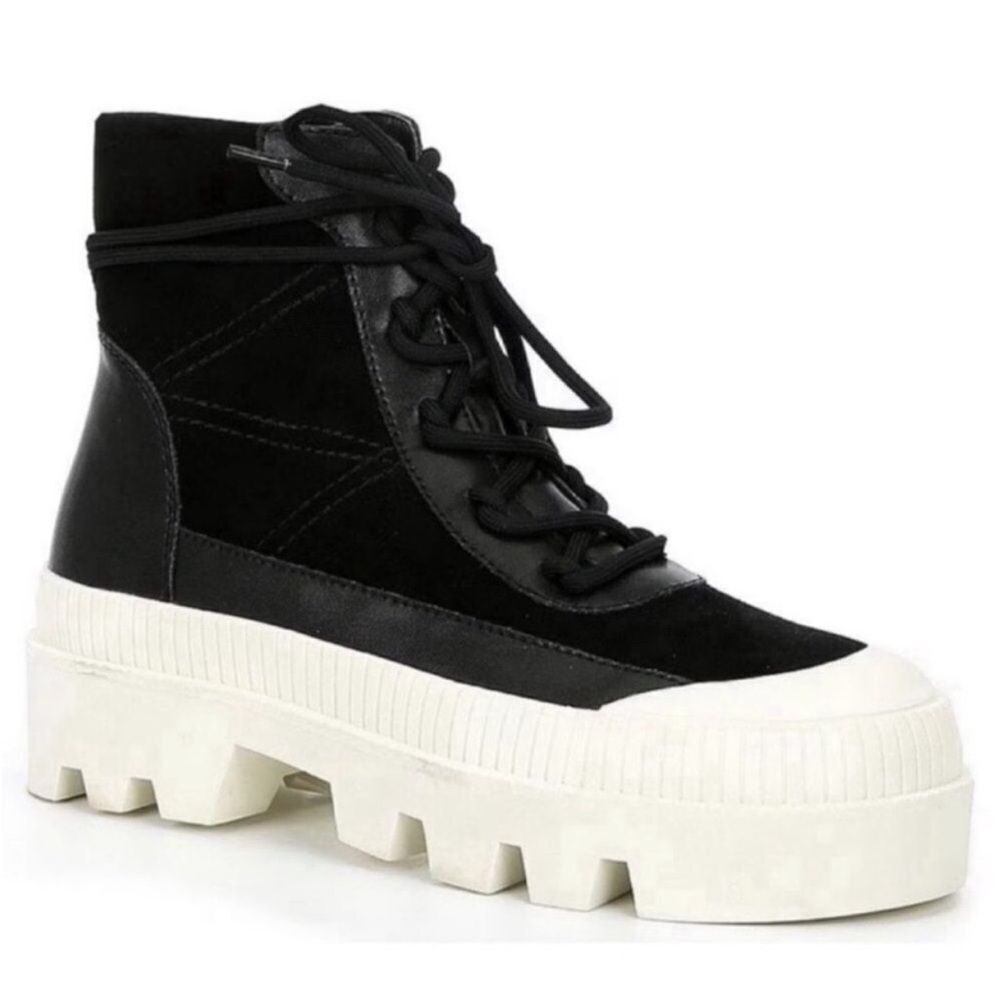 GIANNI BINI Black Leather Platform Ankle Boot Bootie Lug Sole Sneaker Sz 6.5 New